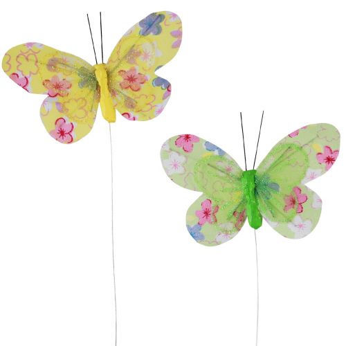 Floristik24 Dekorativní motýlci na drátě žlutozelené květy 6×9cm 12ks