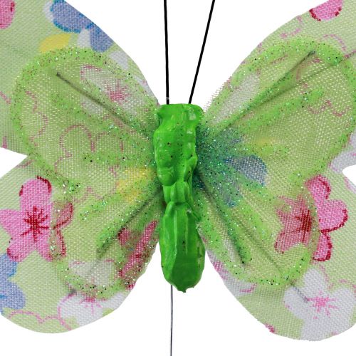 položky Dekorativní motýlci na drátě žlutozelené květy 6×9cm 12ks