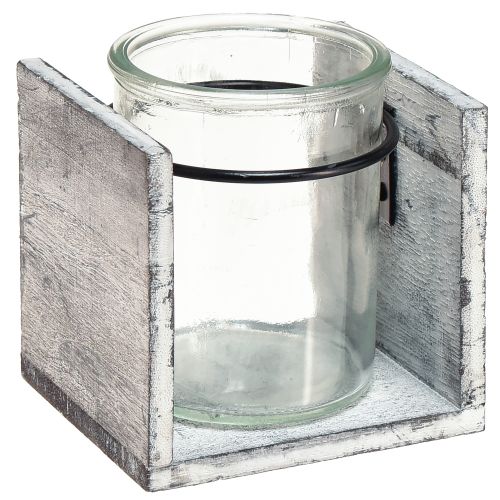 Skleněný svícen na čajovou svíčku v rustikálním dřevěném rámu - šedo-bílý, 10x9x10 cm 3 kusy - okouzlující dekorace na stůl