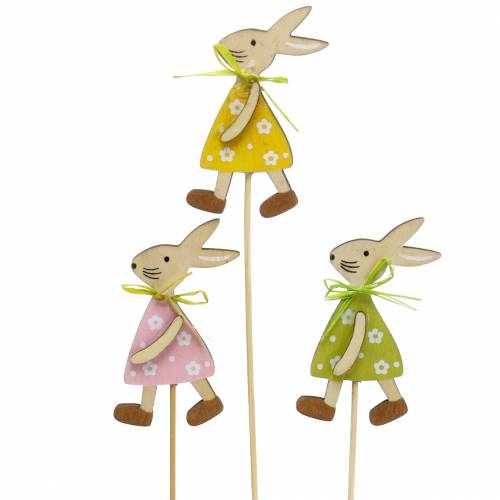 Dřevěný králík na špejli zelený, žlutý, růžový 8cm 12 kusů
