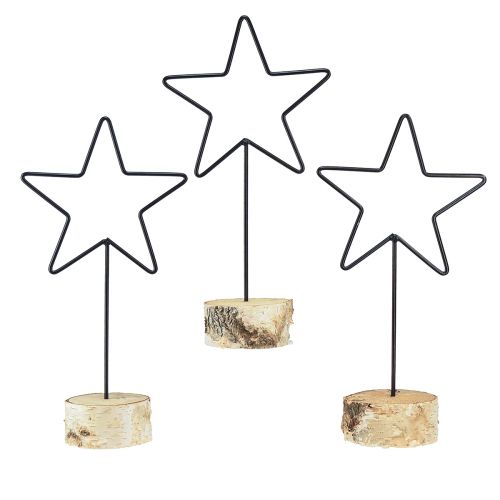 Dekorativní hvězdicové svícny na dřevěném podstavci - sada 3 ks - černá a přírodní, 40 cm - stylová stolní dekorace