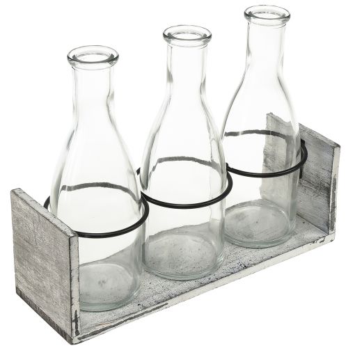 Rustikální sada lahví v dřevěné podložce - 3 skleněné lahve, šedobílá, 24x8x20 cm - Univerzální pro dekoraci