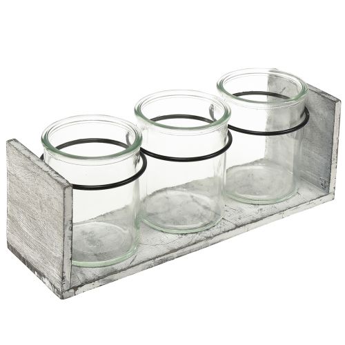 Rustikální sada skleněných nádob v šedém a bílém dřevěném stojanu - 27,5x9x11 cm - Všestranné úložné a dekorativní řešení