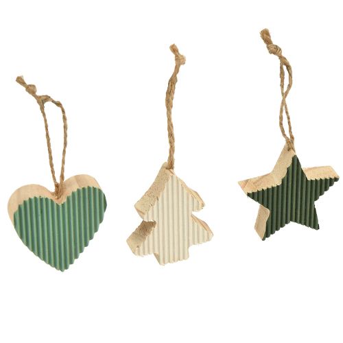 položky Sada dřevěných přívěsků vánoční stromeček, srdce-strom-hvězda, máta-zeleno-bílá, 4,5 cm, 9 kusů - vánoční dekorace