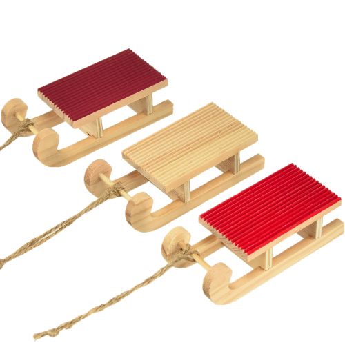Dřevěné miniatury saní, červená-přírodní, 4x8,5 cm, sada 6 ks - vánoční dekorace