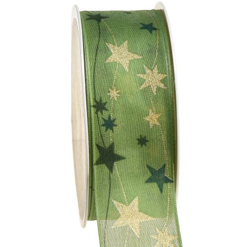 Vánoční stuha s hvězdami dárková stuha zelená s drátěným okrajem 40mm 15m