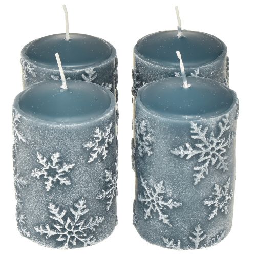 Pilířové svíčky modré svíčky sněhové vločky 100/65mm 4ks