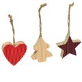 Floristik24 Vánoční ozdoby dřevěné srdce hvězda stromeček červená 4,5cm 9ks